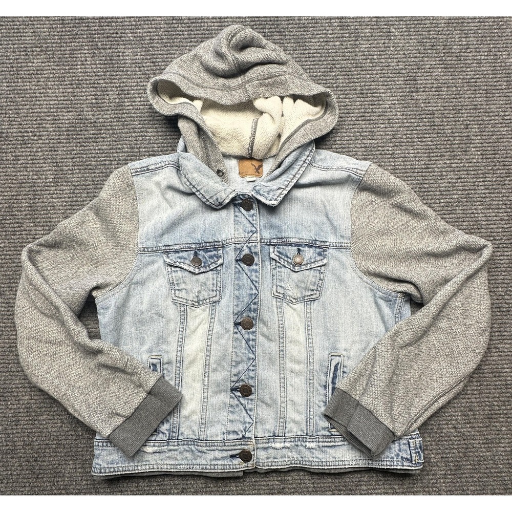 American Eagle Outfitters Jacket Womens XL Blue Denim Hooded Knit Sleeves Sherpa - Picture 1 of 7